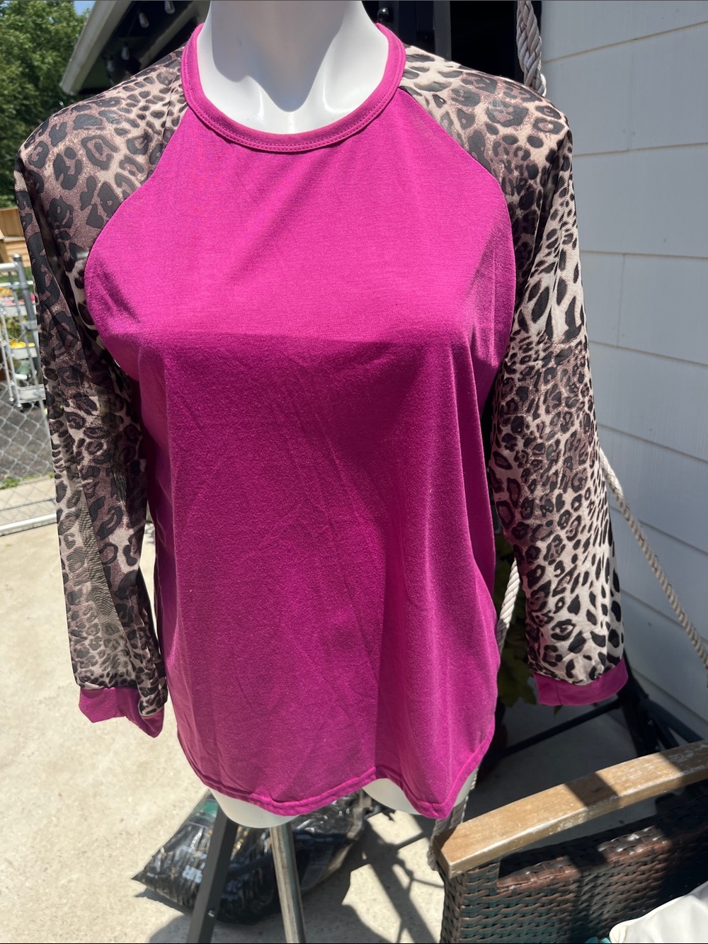 Women’s Fuchsia Raglan Top with Leopard Print Sleeves